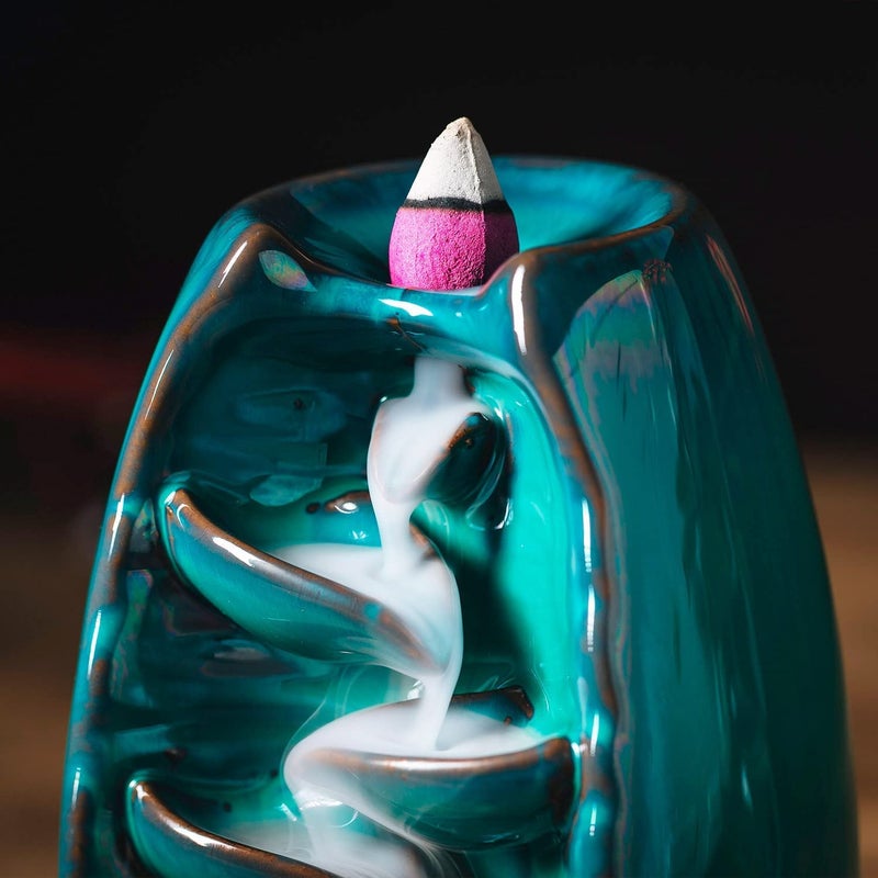 IN ONE INONE Ceramic Incense Burner with 100 Upgraded Cones, Waterfall Backflow Incense Holder, Aromatherapy Ornament, Zen Decor, Home Decor, Room Decor (Cyan) - Image 5